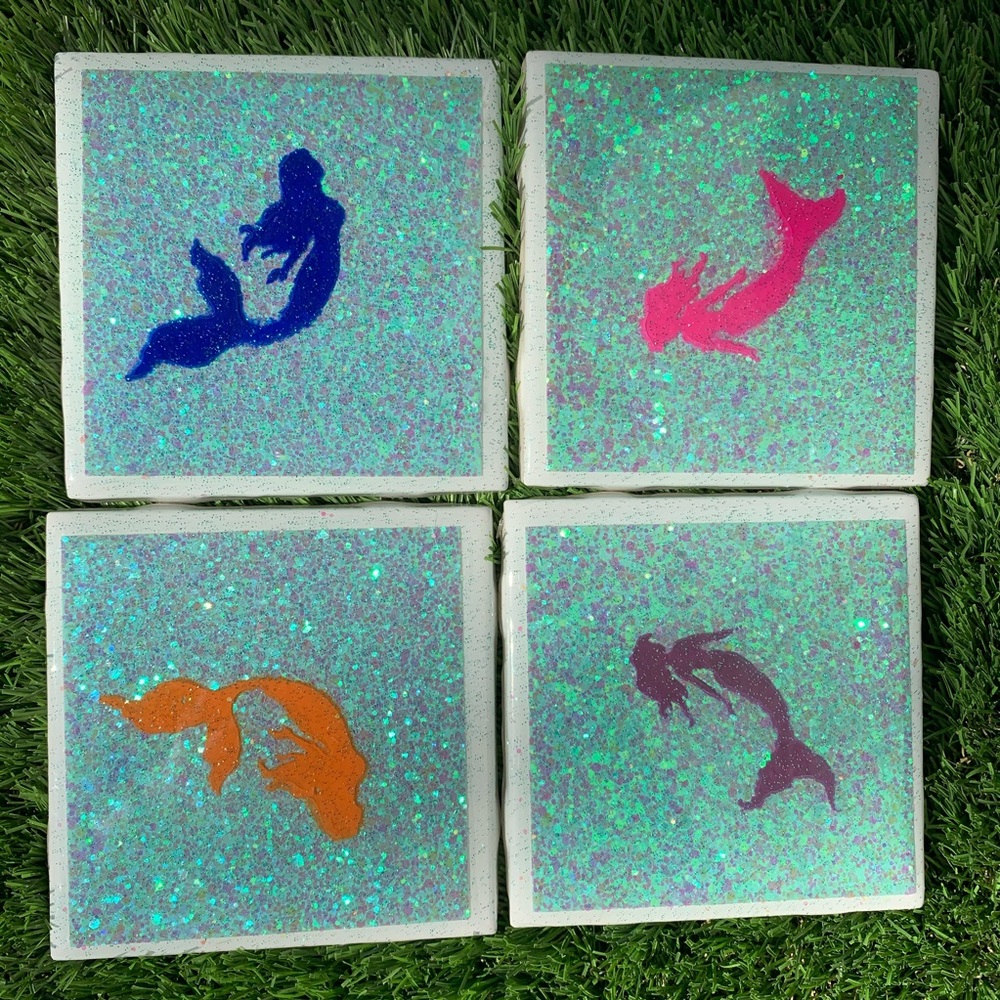 Handmade Glittery Resin Mermaid Coasters Set of 4
